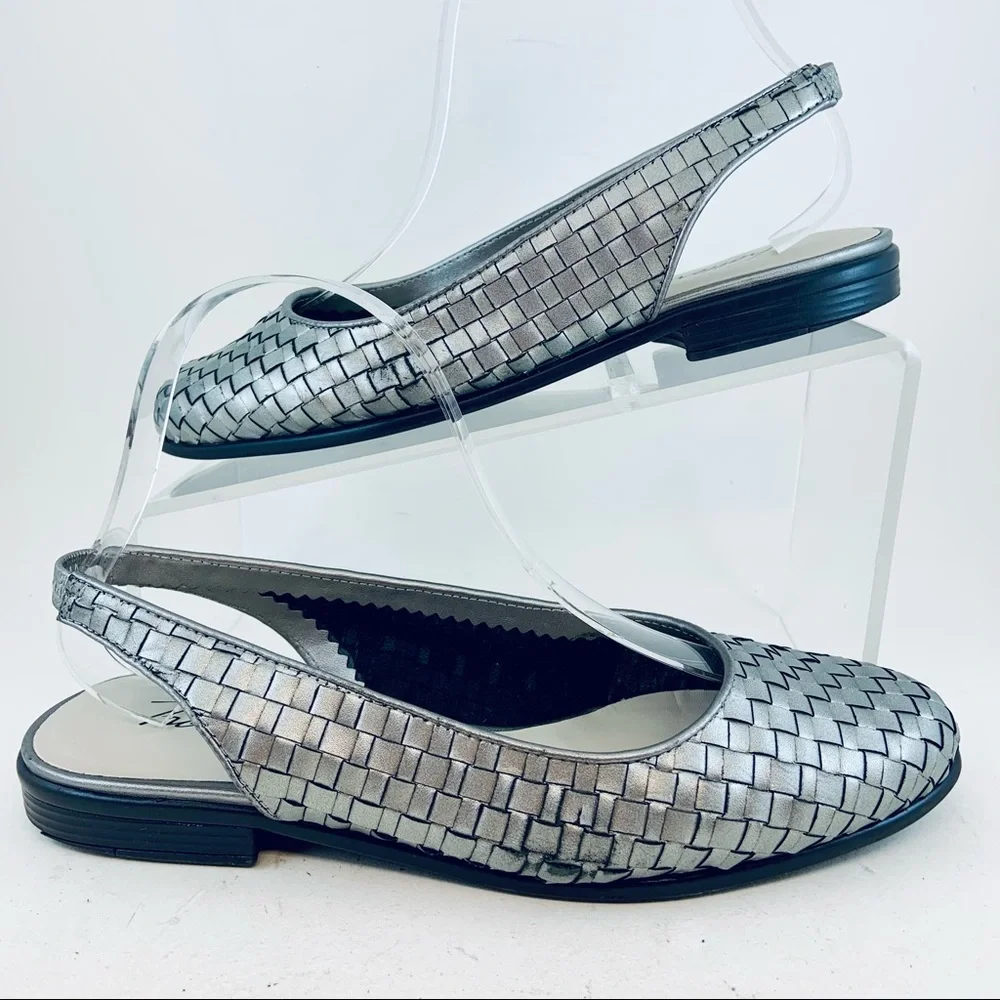 Trotters Pewter Metallic Silver Woven Lucy Slingbacks Flats, size 7.5 WIDE - Picture 3 of 10
